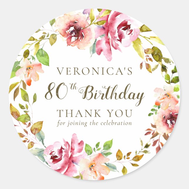 Watercolor Floral Birthday Thank You Classic Round Sticker (Front)