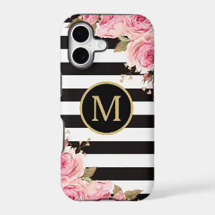 Watercolor Floral Black and White Stripes Monogram