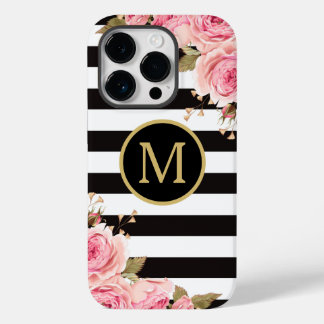 Watercolor Floral Black and White Stripes Monogram Case-Mate iPhone 14 Pro Case