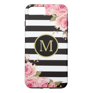 Watercolor Floral Black and White Stripes Monogram iPhone 8 Plus/7 Plus Case