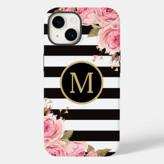 Watercolor Floral Black and White Stripes Monogram Case-Mate iPhone 14 Case