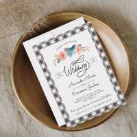 Watercolor Floral Black Check Casual Wedding