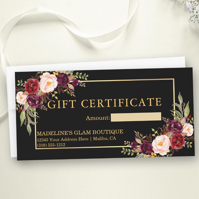 Watercolor Floral Black Gold Gift Certificate (Customize to change text size, style, color or to add text to back of certificate.)