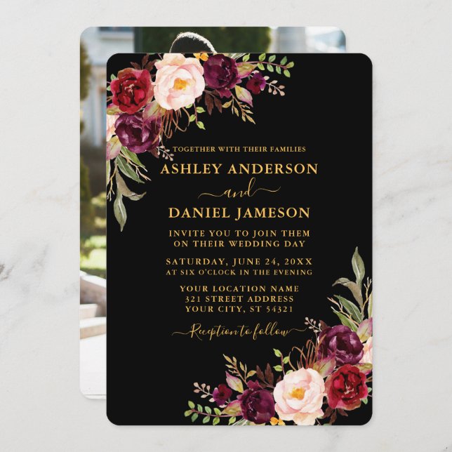 Watercolor Floral Black Gold Photo Wedding  Invitation (Front/Back)