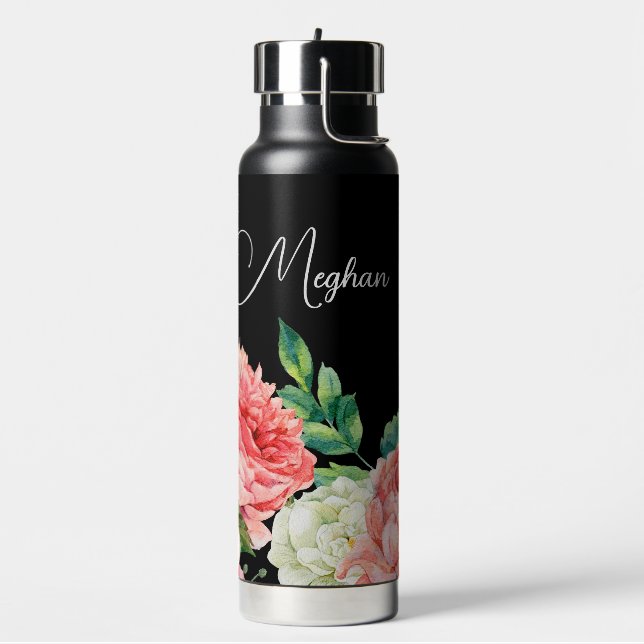 Watercolor Floral Black Personalised Bridesmaid  Water Bottle (Left)