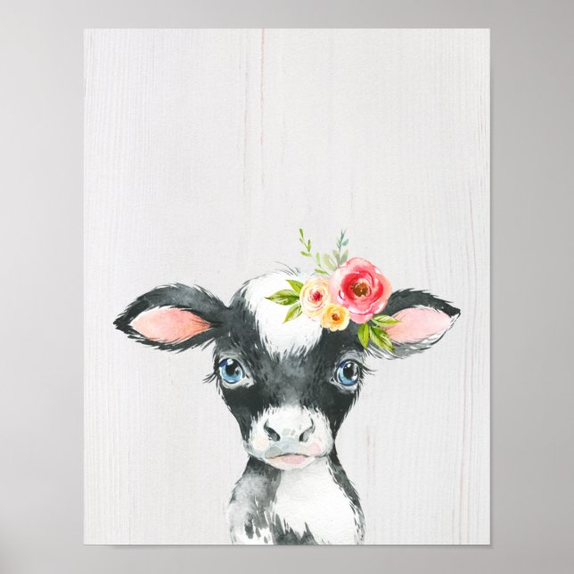 Watercolor Floral Black & White Cow Art Poster (Front)
