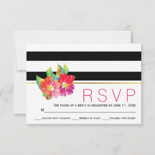 Watercolor floral black white stripes wedding RSVP Card