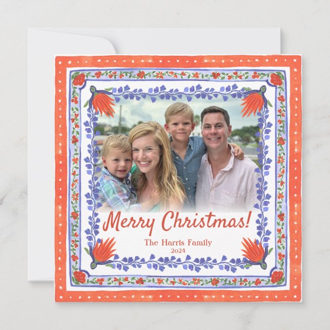 Watercolor Floral Block Print Photo Christmas Card (Front)