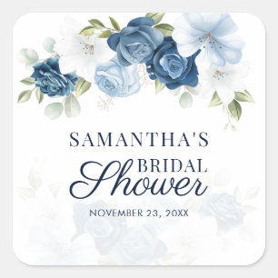 Watercolor Floral Bloom Blue White Bridal Shower Square Sticker