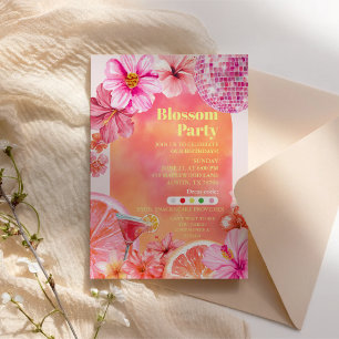 Watercolor Floral Blossom Pink Disco Ball Birthday Invitation