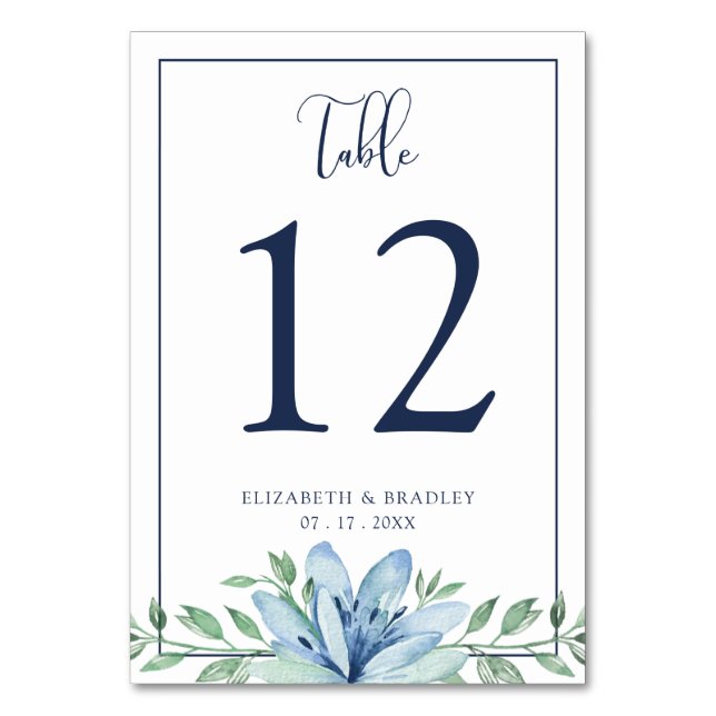 Watercolor Floral Blue Bloom Wedding Table Number (Front)