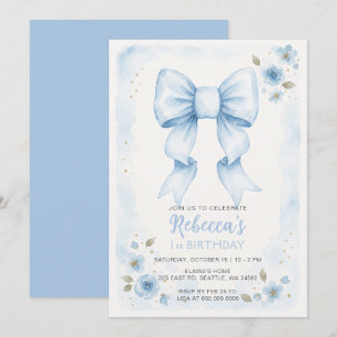 Watercolor Floral Blue Bow Coquette Birthday Invitation