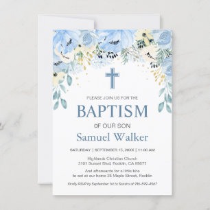 Watercolor Floral Blue Boy Baptism Invitation