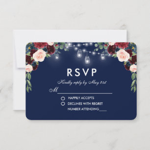 Watercolor Floral Blue Burgundy Jars Wedding RSVP Card
