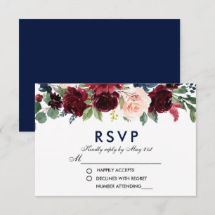 Watercolor Floral Blue Burgundy Wedding RSVP B Card