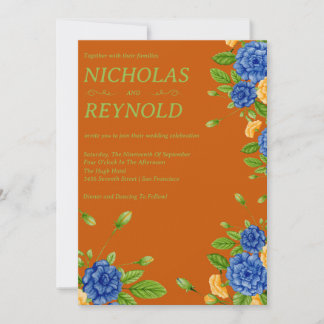 Watercolor Floral Blue & Burnt Orange Wedding Invitation