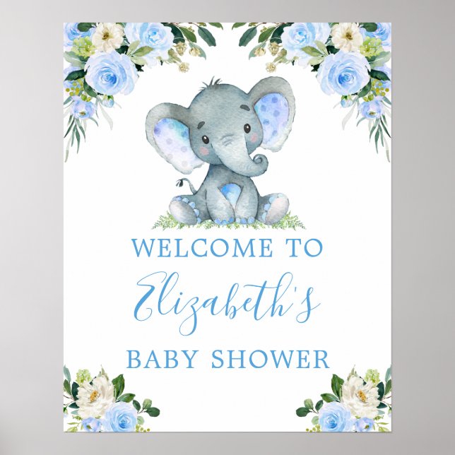 Watercolor Floral Blue Elephant Baby Shower Poster (Front)