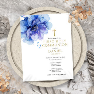 Watercolor Floral Blue First Holy Communion Invite Postcard