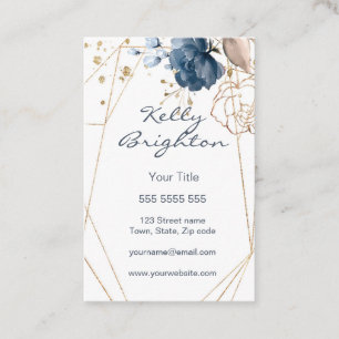 Watercolor floral blue & gold, geometric shape business card