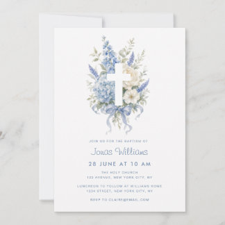 Watercolor floral blue hydrangea baptism invitation