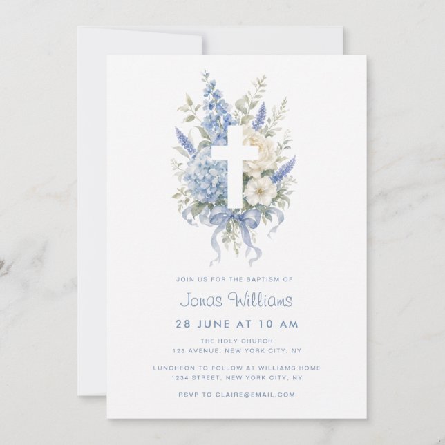 Watercolor floral blue hydrangea baptism invitation (Front)