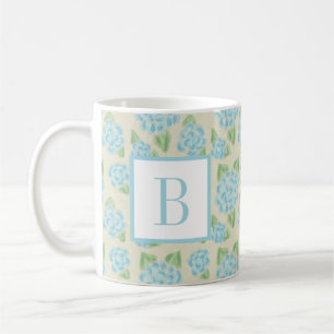 Watercolor Floral Blue Hydrangea Initial Monogram Coffee Mug