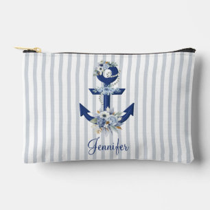 watercolor floral blue nautical stripes name chic accessory pouch