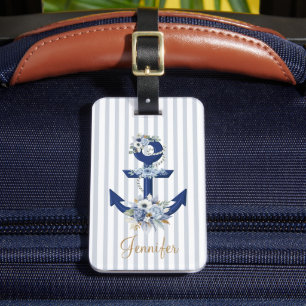 watercolor floral blue nautical stripes name gold luggage tag