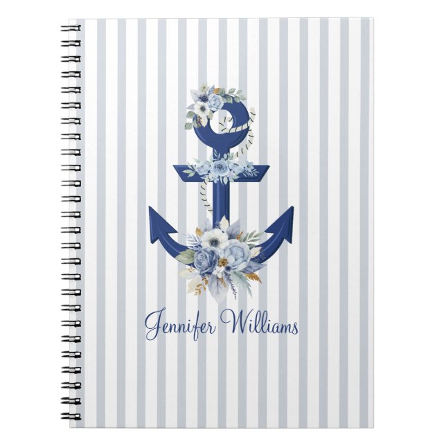 watercolor floral blue nautical stripes name  notebook (Front)