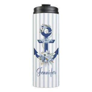 watercolor floral blue nautical stripes name thermal tumbler