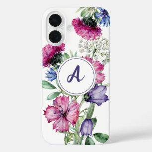 Watercolor Floral Blue Pink Wildflower Monogram iPhone 16 Case