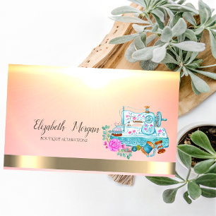  Watercolor Floral Blue Sewing Machine Gold Stripe Business Card