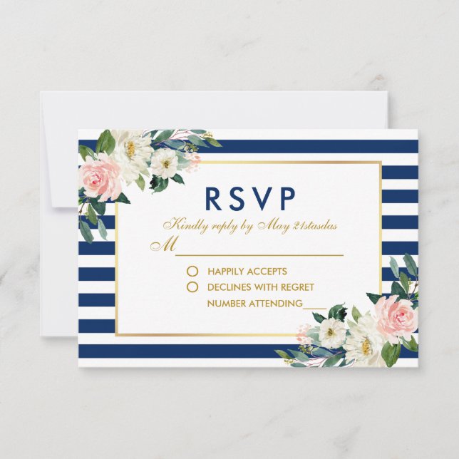 Watercolor Floral Blue Stripes Wedding RSVP Card (Front)