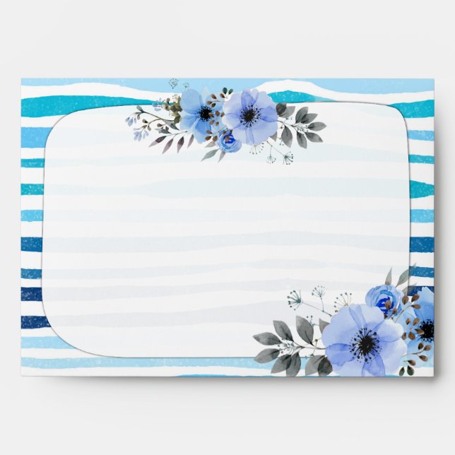 Watercolor Floral Blue Stripes Wedding Welcome Envelopes (Front)