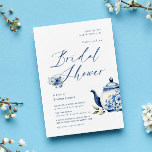 Watercolor Floral Blue Tea Party Bridal Shower Invitation