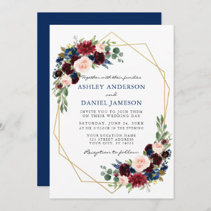 Watercolor Floral Blue Wedding Geometric Gold Invitation