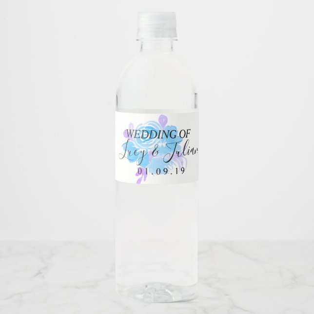 Watercolor Floral Blue Wedding Water Bottle Label (Front)