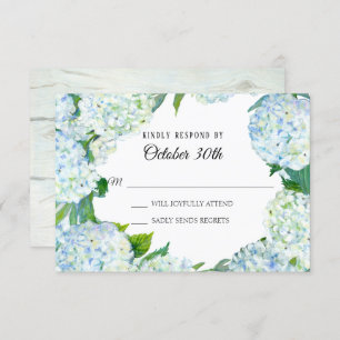 Watercolor Floral Blue White Hydrangea Rustic Wood Invitation