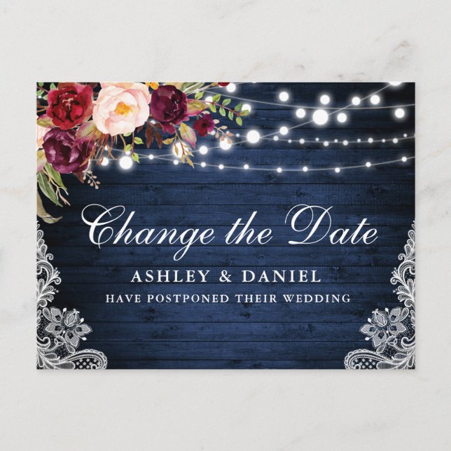 Watercolor Floral Blue Wood Change The Date Postcard (Front)