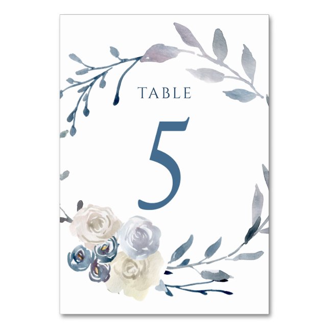 watercolor floral blue wreath Table Number 5 (Front)