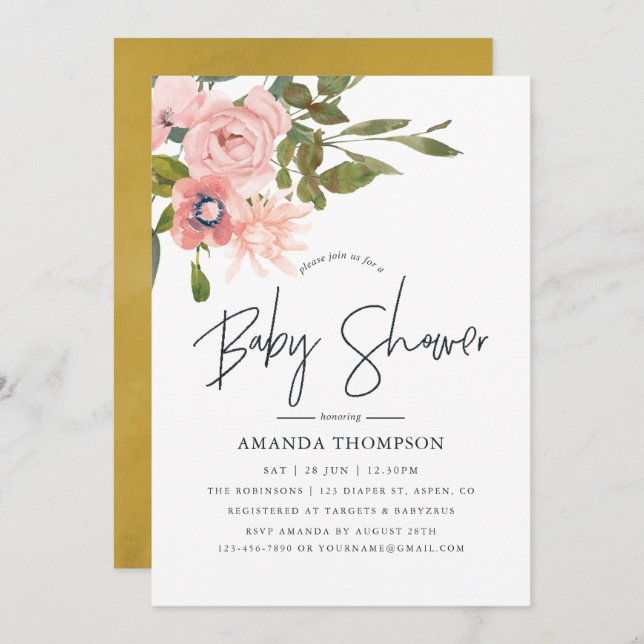Watercolor floral Blush and Gold Baby Shower Invitation (Front/Back)