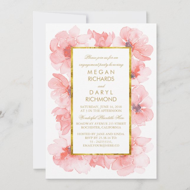 Watercolor Floral Blush and Gold Engagement Party Invitation (Front)