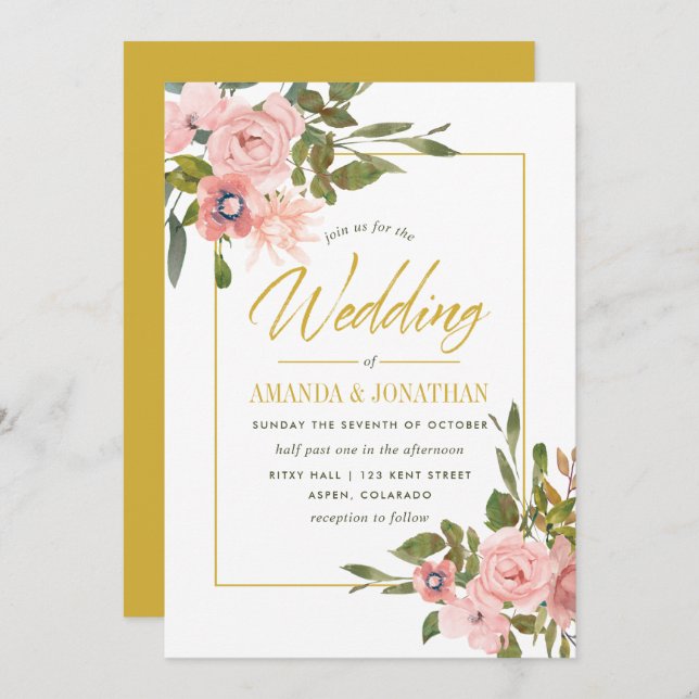 Watercolor floral Blush and Gold Wedding Invite (Front/Back)