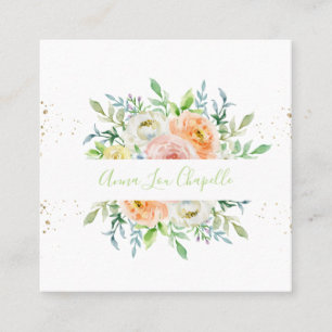 Watercolor floral blush and green square business card