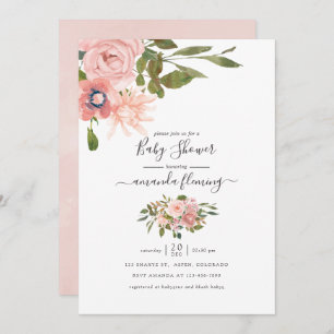 Watercolor floral Blush and Rose Gold Baby Shower Invitation