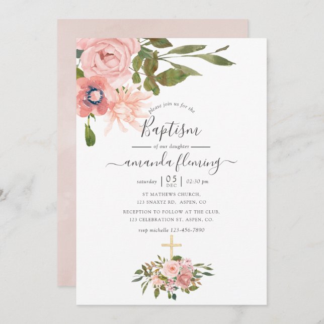 Watercolor floral Blush and Rose Gold Baptism Invitation (Front/Back)
