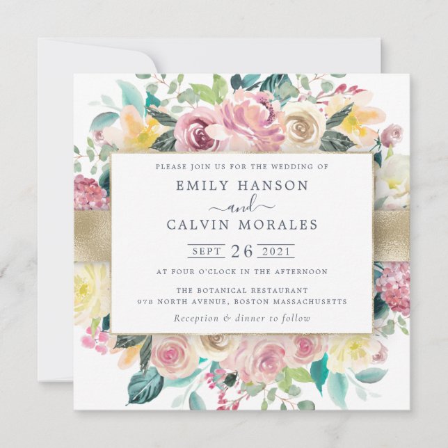 Watercolor Floral Blush Greenery Gold Frame Invitation (Front)