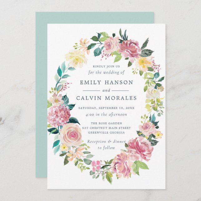 Watercolor Floral Blush Greenery Wreath Invitation (Front/Back)