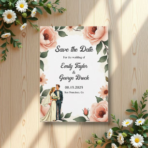 Watercolor Floral Blush Pink Bride & Groom Wedding Save The Date