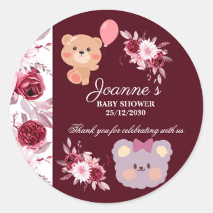 Watercolor Floral Blush Pink Burgundy Baby Shower  Classic Round Sticker
